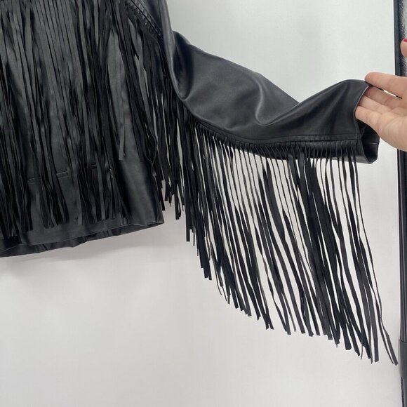 H&M Size 4 Black Faux Leather Brando Style Jacket With Fringes Western Boho - Picture 12 of 12